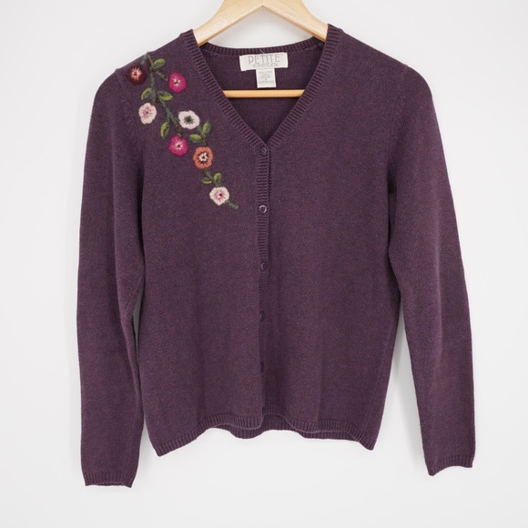 Petite Sophisticate Sweaters - Vintage Embroidered Cardigan Sweater Petite XS Purple Cottagecore Whimsigoth Y2K